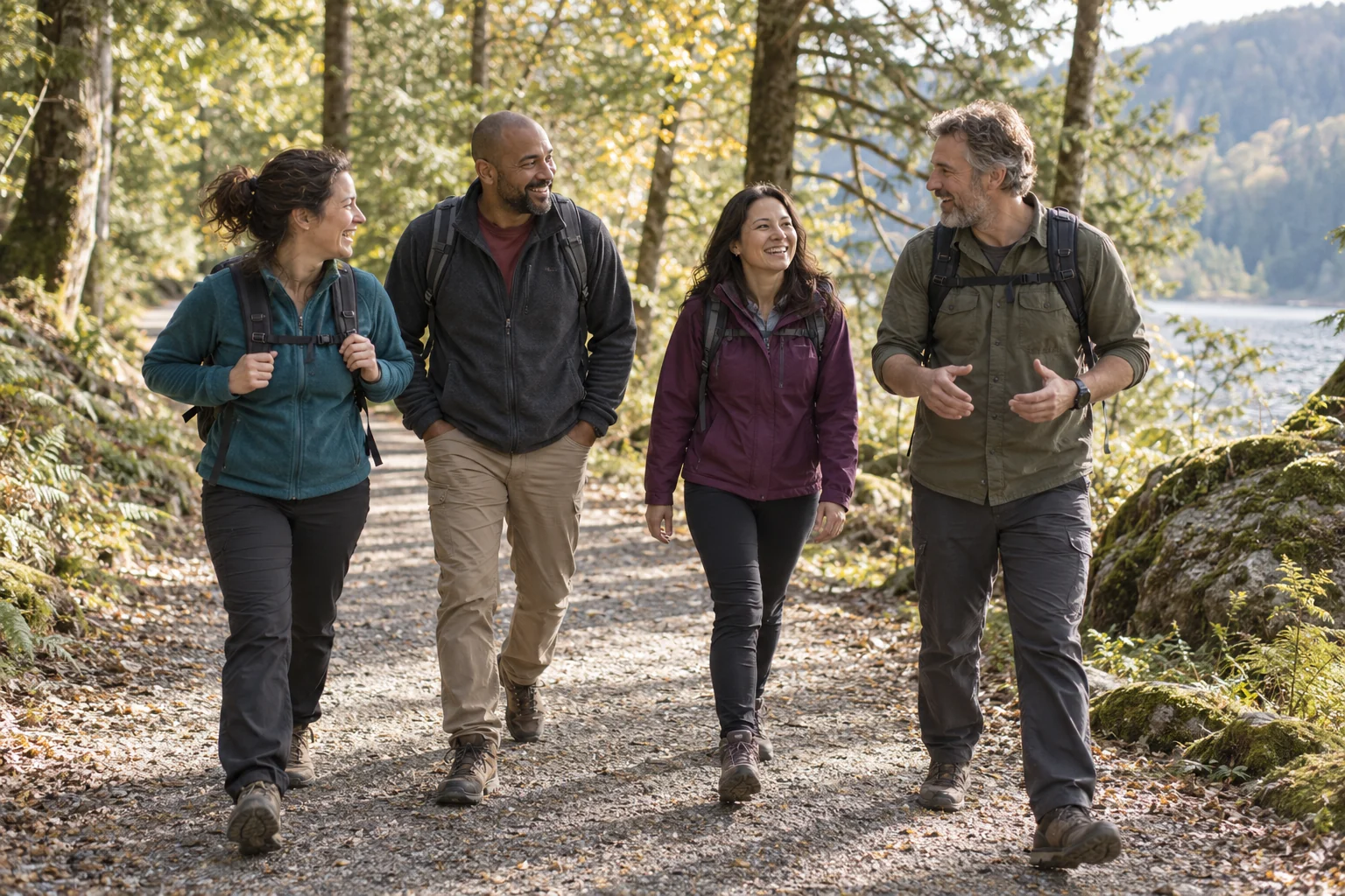 Friends chatting as they walk along a woodland trail