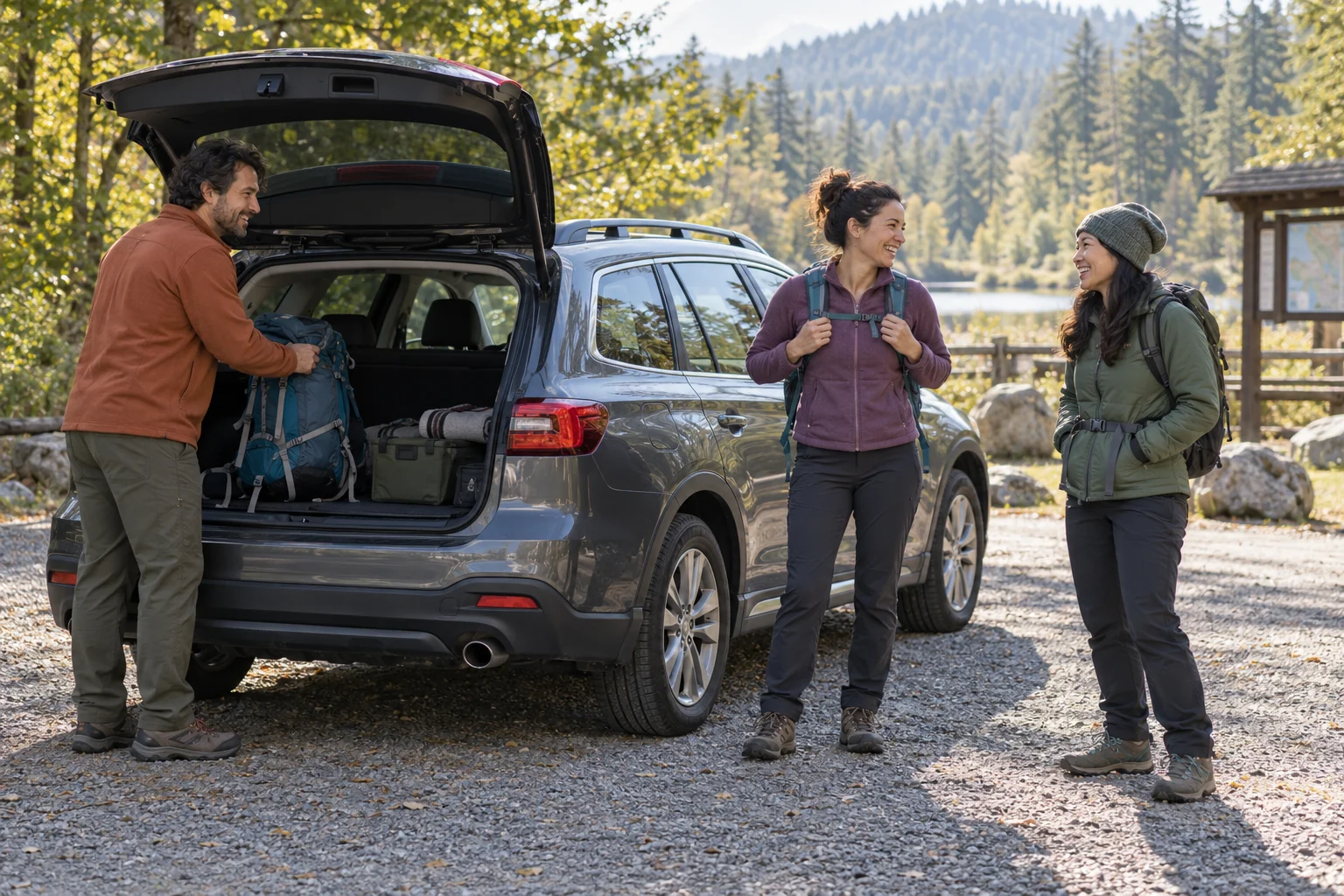 Friends loading a daypack into a parked car at a trailhead